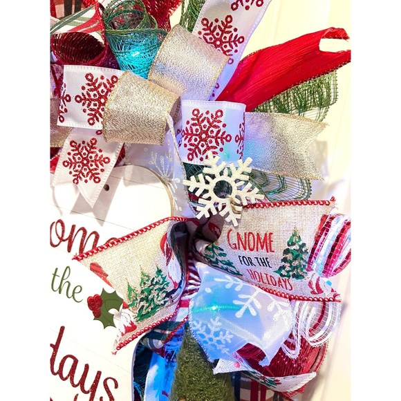 Handmade Christmas Gnome for the Holidays Ribbon Door Wreath 22 ins LED W36 - Picture 8 of 12
